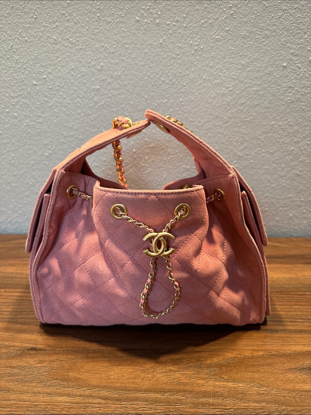 RARE CC Baby Pink Small Suede Quilted Drawstring Chain Shoulder Bag
